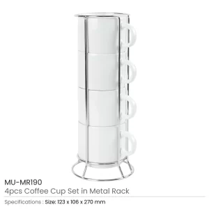 Ceramic Coffee Cups Set 4Pcs in Silver Metal Rack - Image 3