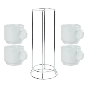 Ceramic Coffee Cups Set 4Pcs in Silver Metal Rack - Image 4