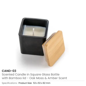 Scented Candle in Square Glass Bottle with Bamboo Lid, Oakmoss & Amber Scent - Image 4